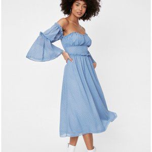 Nasty Gal Chiffon Off the Shoulder Polka Dot Midi Dress Size 6